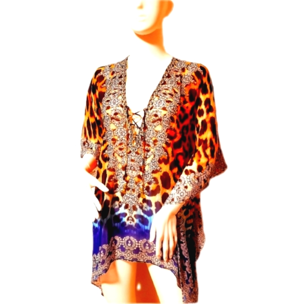 **LAST ONE**JQUAD LEOPARD Print Blue Short Kaftan C/Up-S
